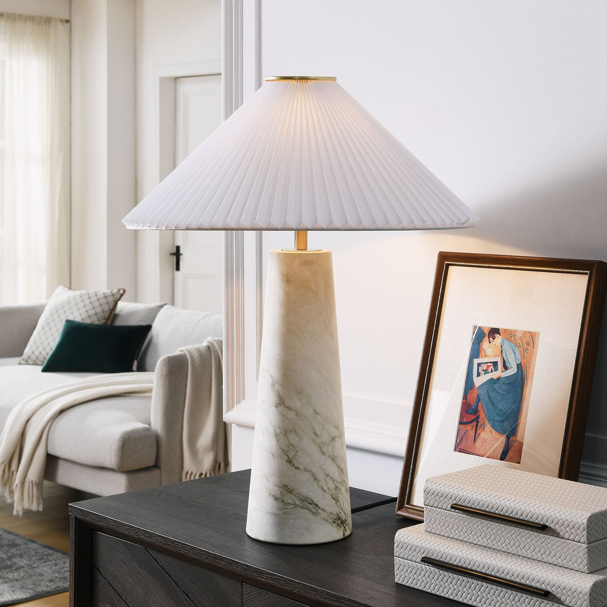 Nera Marble Table Lamp white pleated shade marble base with brass top HouseOfZazla on Tampa Home & Garden Store