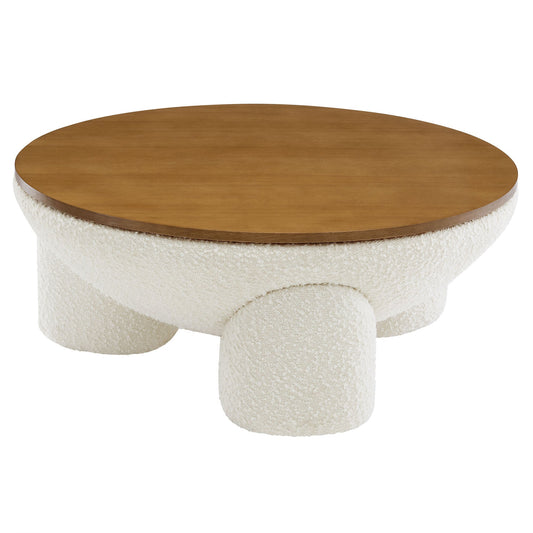 Tridome Round Boucle Upholstered Storage Coffee Table with warm wood top and boucle base on Tampa Home & Garden Store