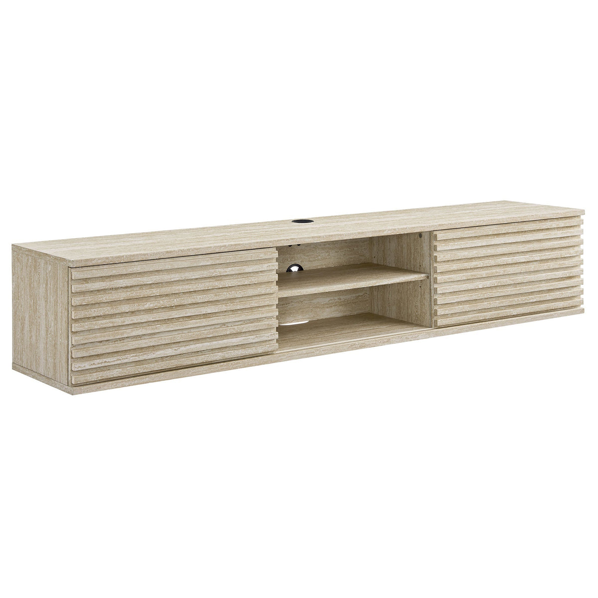 Render 70in faux travertine wall-mount media console TV stand with slatted doors and open shelf on Tampa Home & Garden Store