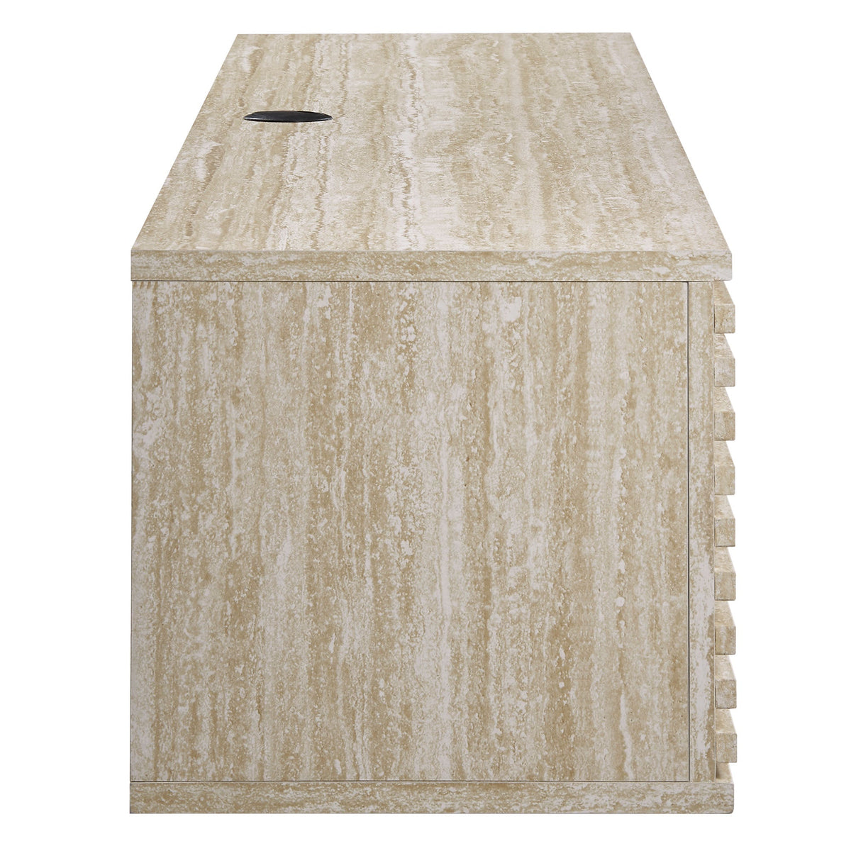 Render 70in faux travertine wall-mount media console TV stand with cable management hole on Tampa Home & Garden Store