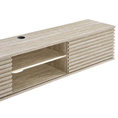 Render 70in faux travertine wall-mount media console TV stand with slatted sides HouseOfZazla on Tampa Home & Garden Store