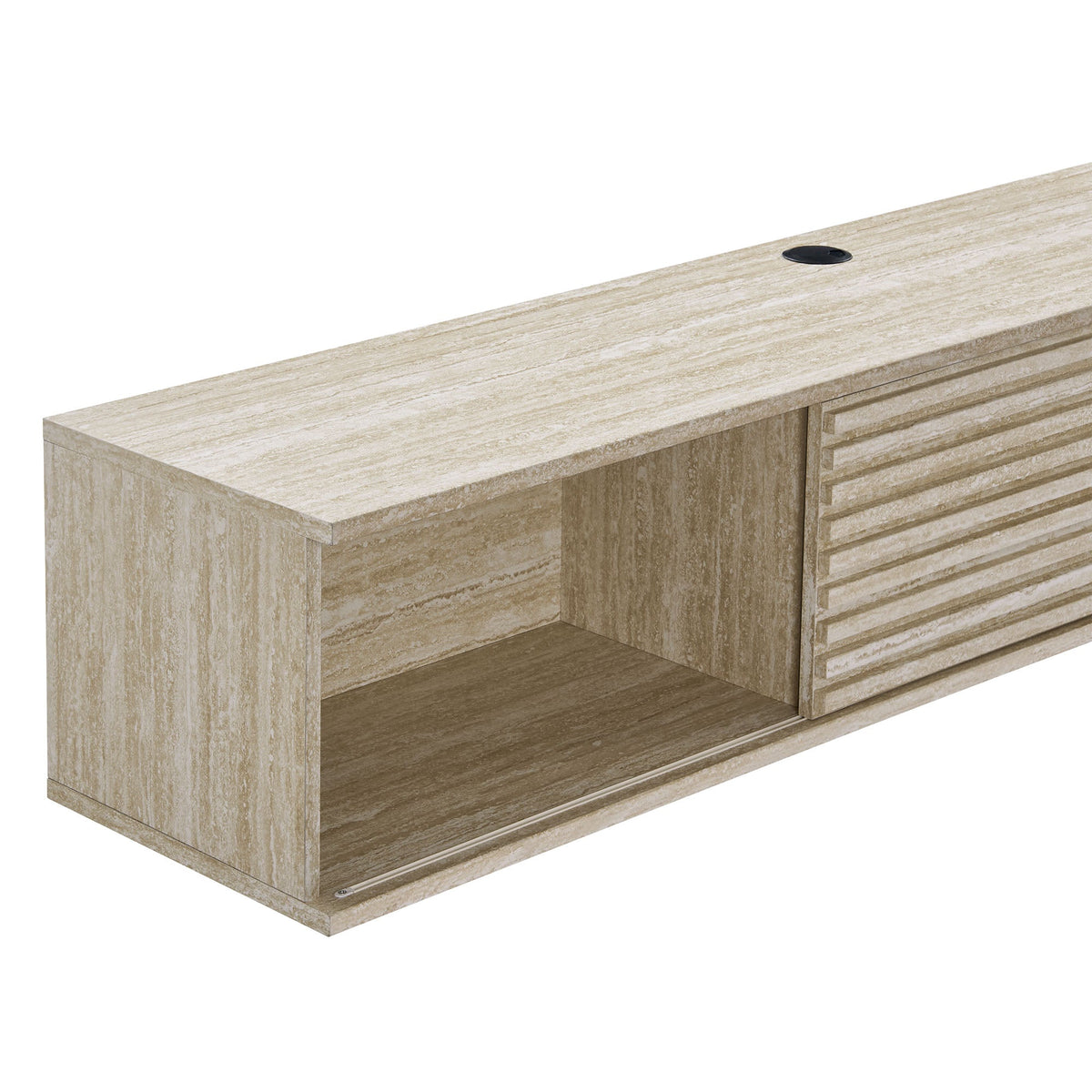 Render 70in faux travertine wall-mount media console TV stand beige with slatted doors on Tampa Home & Garden Store