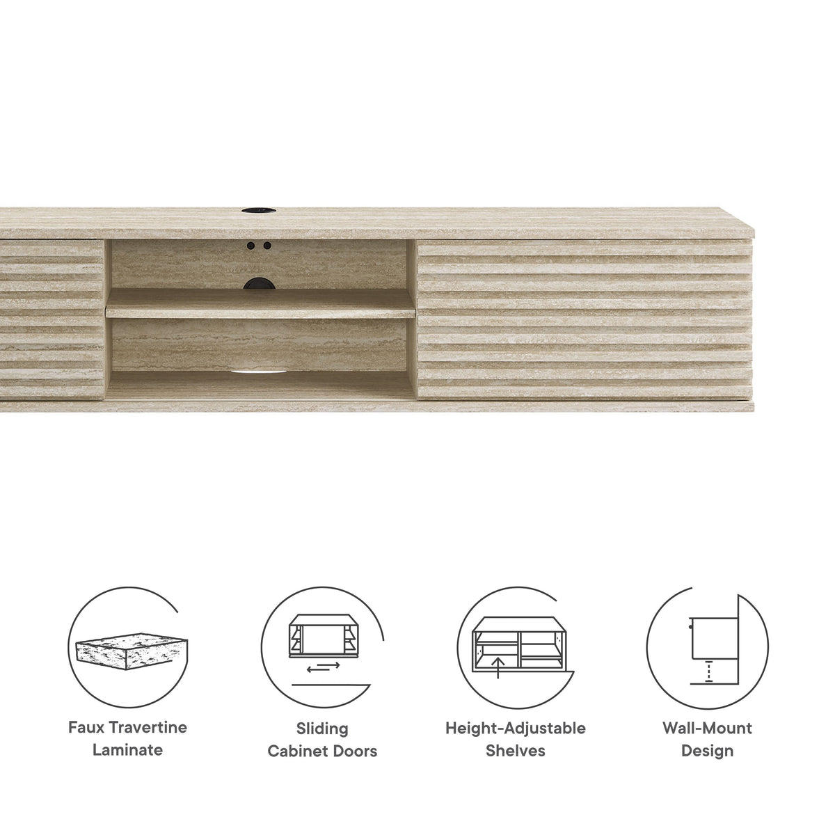 Render 70in Faux Travertine Wall-Mount Media Console TV Stand laminate with open center shelf on Tampa Home & Garden Store