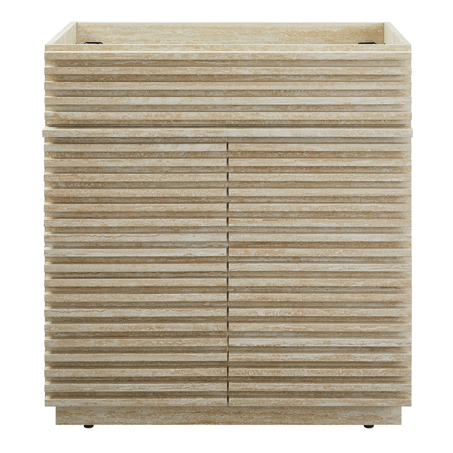 Render 30 inch faux travertine bathroom vanity cabinet with ribbed beige panels on Tampa Home & Garden Store
