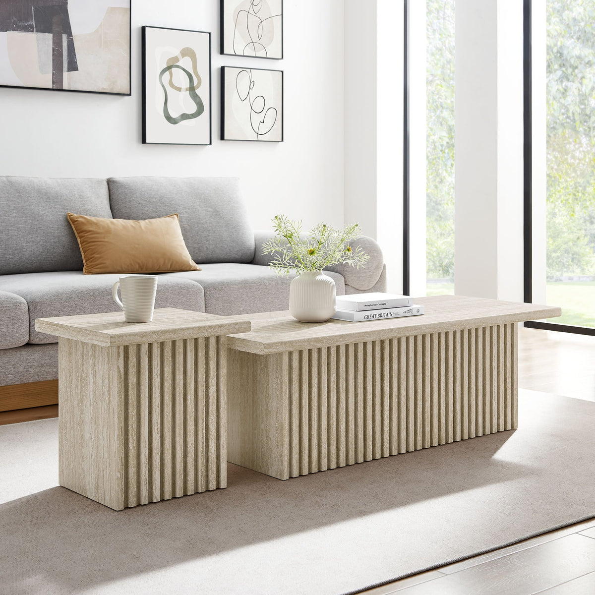 Render Nesting Coffee Tables Set of 2 in light beige textured finish with grooved sides on Tampa Home & Garden Store
