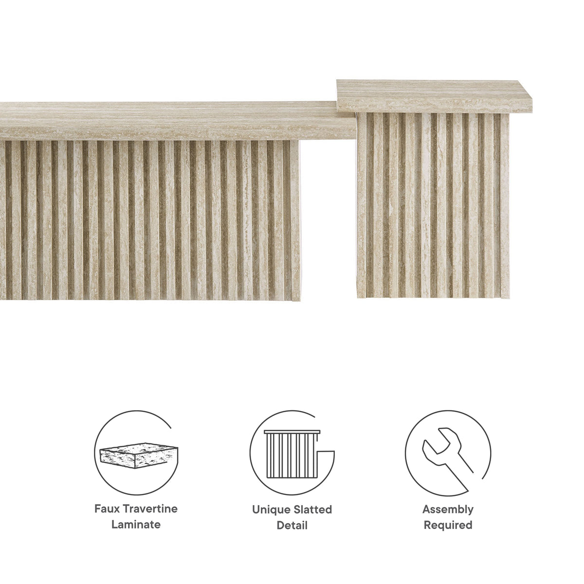 Render Nesting Coffee Tables set of 2 in faux travertine laminate with unique slatted detail on Tampa Home & Garden Store