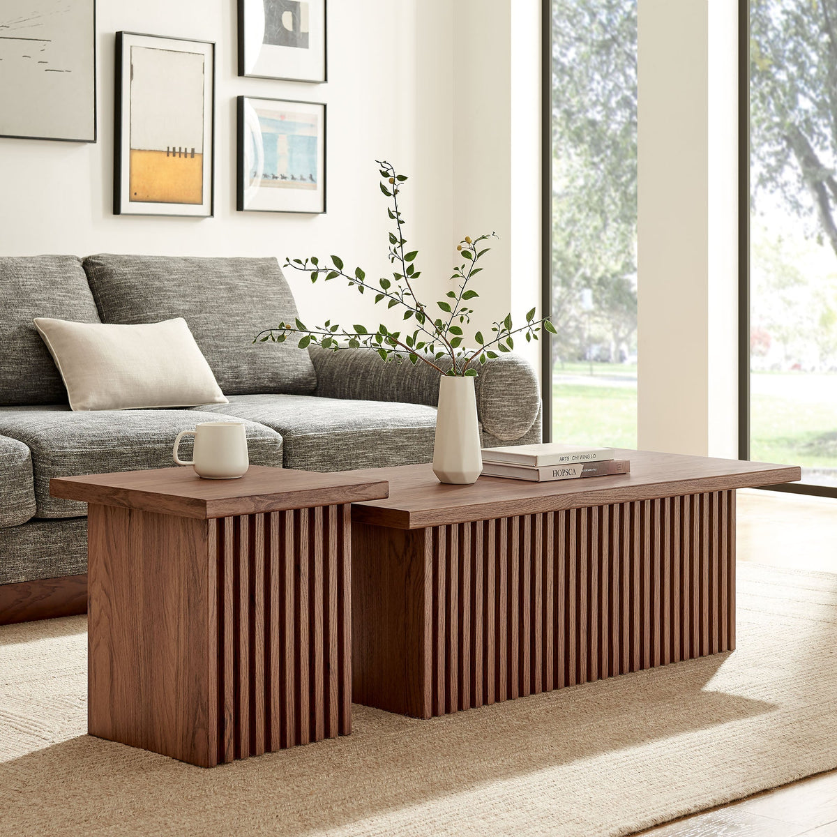 Render Nesting Coffee Tables Set of 2 by Modway; walnut-finish wood with slatted bases on Tampa Home & Garden Store