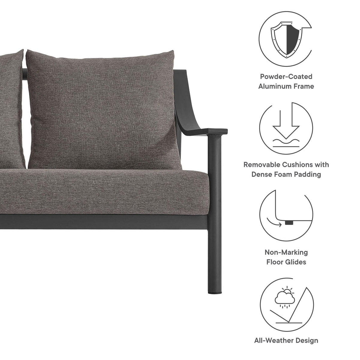 Terrace Outdoor Aluminum Sofa by Modway with charcoal cushions and powder-coated frame on Tampa Home & Garden Store