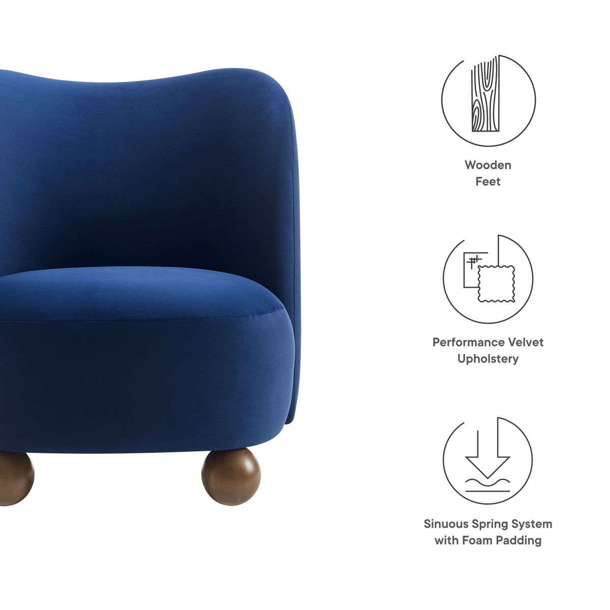 Monroe Performance Velvet Accent Chair blue velvet with wooden ball feet by Modway on Tampa Home & Garden Store