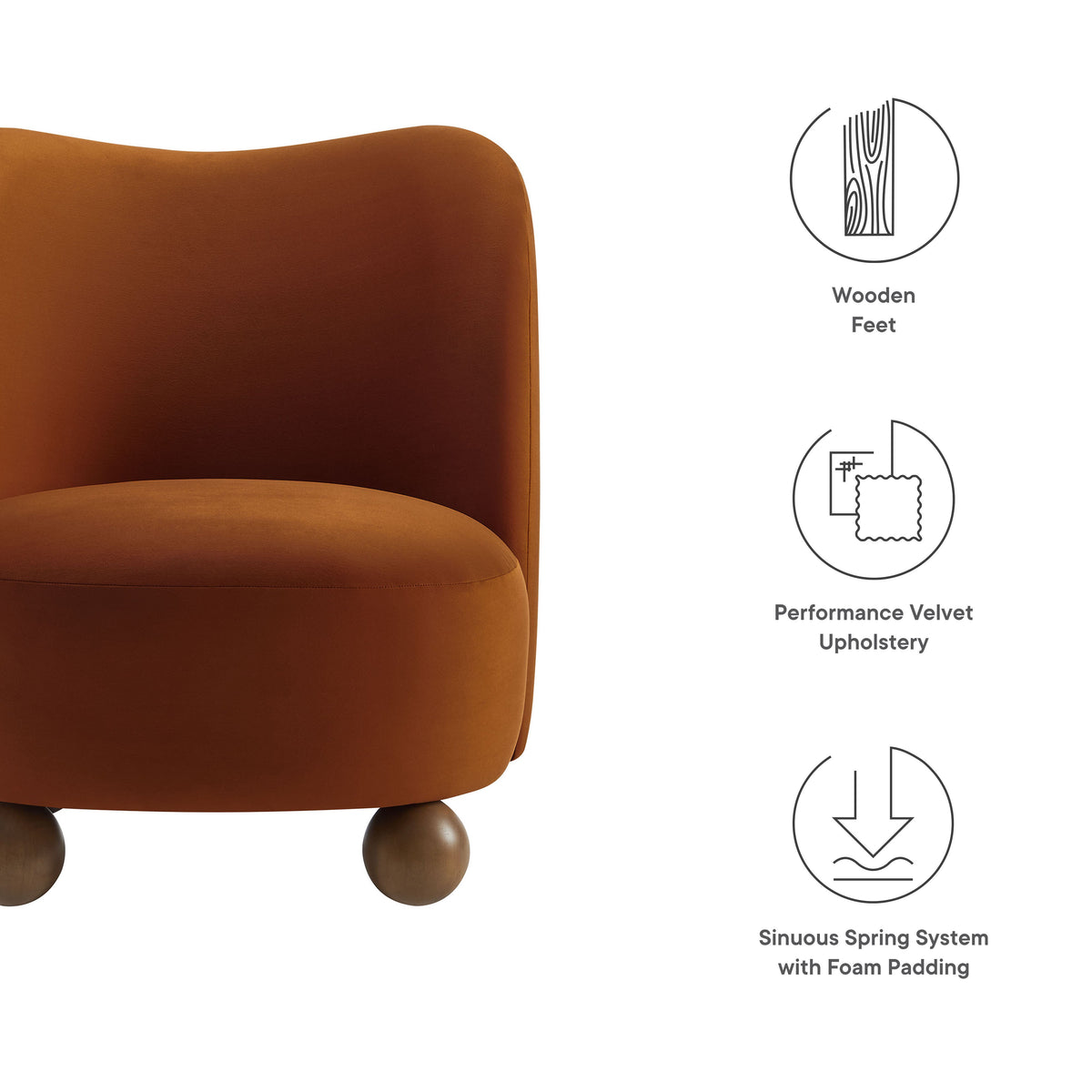Monroe Performance Velvet Accent Chair burnt orange upholstery with wooden feet on Tampa Home & Garden Store