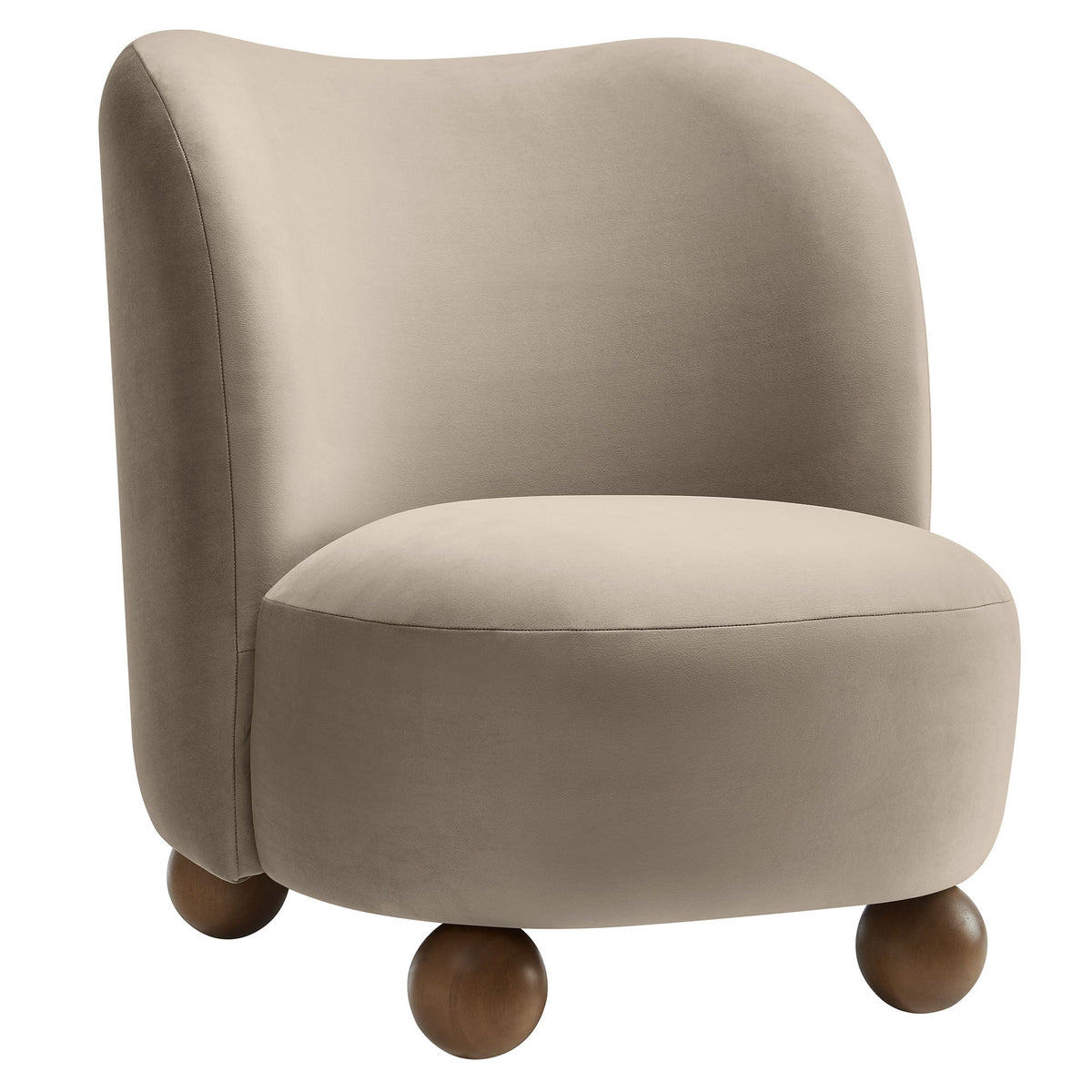 Monroe Performance Velvet Accent Chair taupe velvet upholstery with rounded wood ball feet on Tampa Home & Garden Store