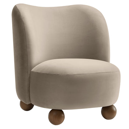 Monroe Performance Velvet Accent Chair taupe velvet upholstery with rounded wood ball feet on Tampa Home & Garden Store