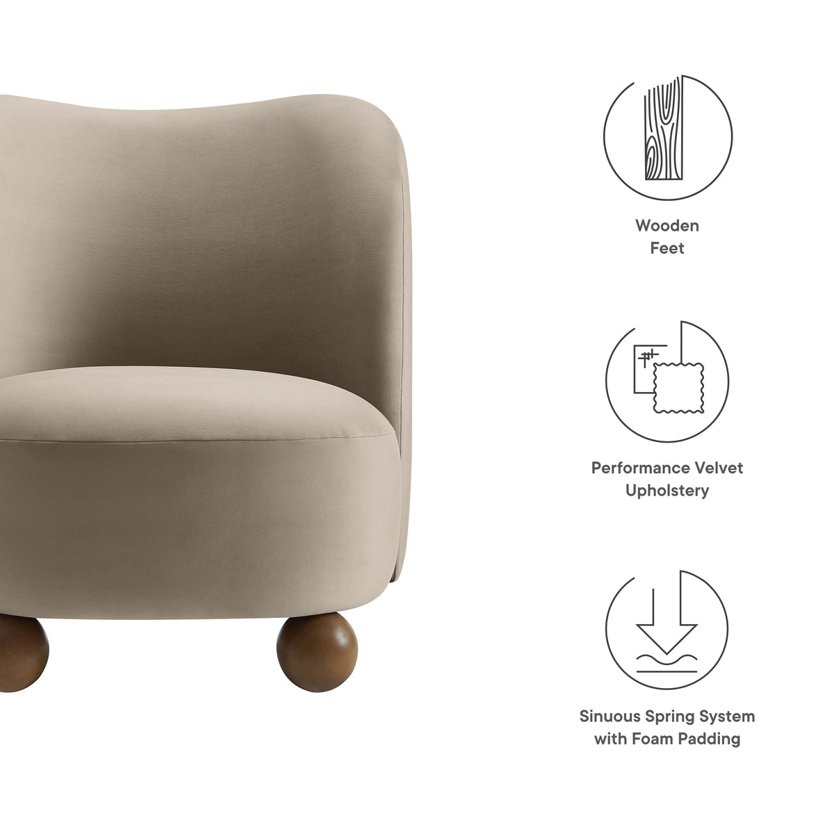 Monroe Performance Velvet Accent Chair by Modway beige velvet with wooden rounded bun legs on Tampa Home & Garden Store