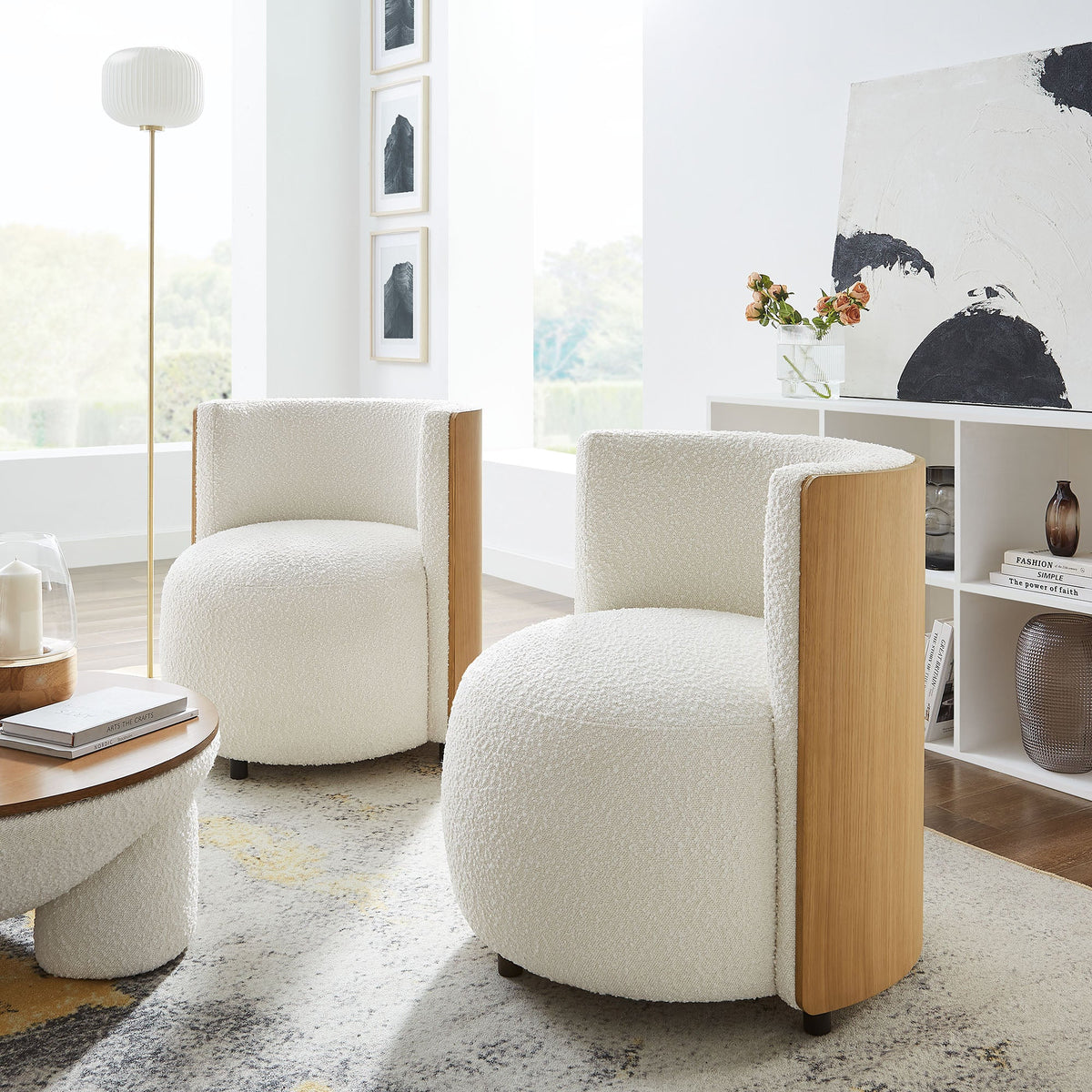 Solis Boucle Accent Chairs by Modway, cream boucle upholstery with wood arms, lounge pair on Tampa Home & Garden Store