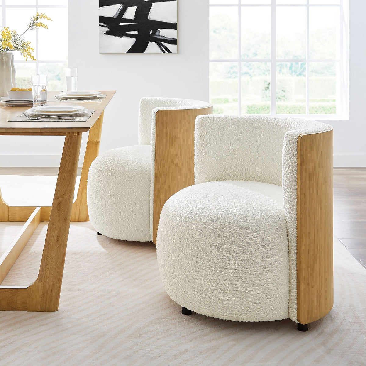 Solis Boucle Accent Chair by Modway in ivory boucle with warm wood base and curved arms on Tampa Home & Garden Store