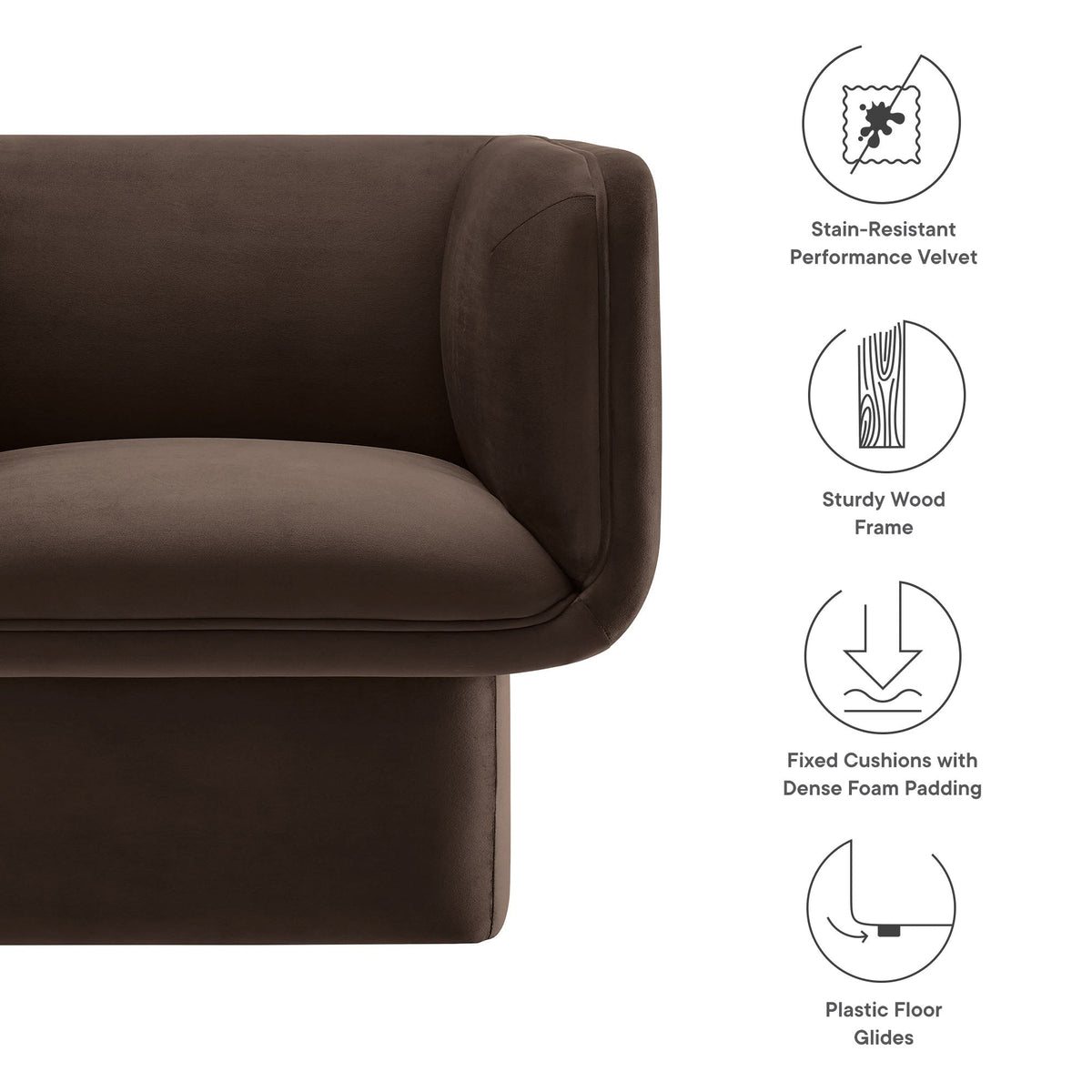 Tate Performance Velvet Accent Chair by Modway, brown velvet upholstery with rounded arm on Tampa Home & Garden Store
