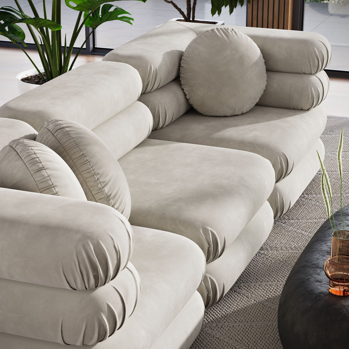 Jubilee 3-Piece Modular Performance Velvet Sectional Sofa in beige with round bolster cushions on Tampa Home & Garden Store