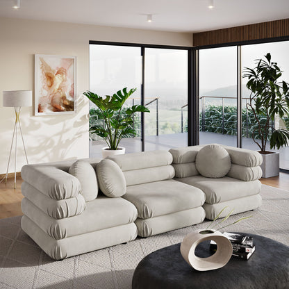 Jubilee 3-piece modular velvet sectional sofa in light gray with rounded bolsters on Tampa Home & Garden Store