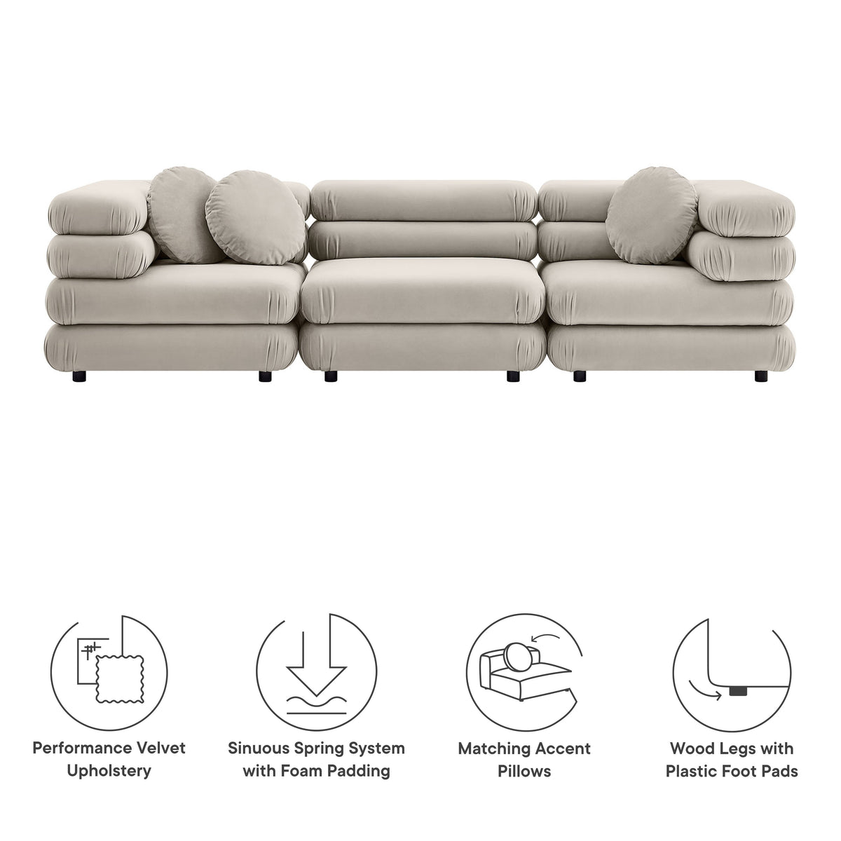 Jubilee 3-Piece Modular Velvet Sectional Sofa in beige with plush bolster cushions on Tampa Home & Garden Store