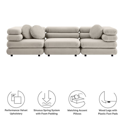 Jubilee 3-Piece Modular Velvet Sectional Sofa in beige with plush bolster cushions on Tampa Home & Garden Store
