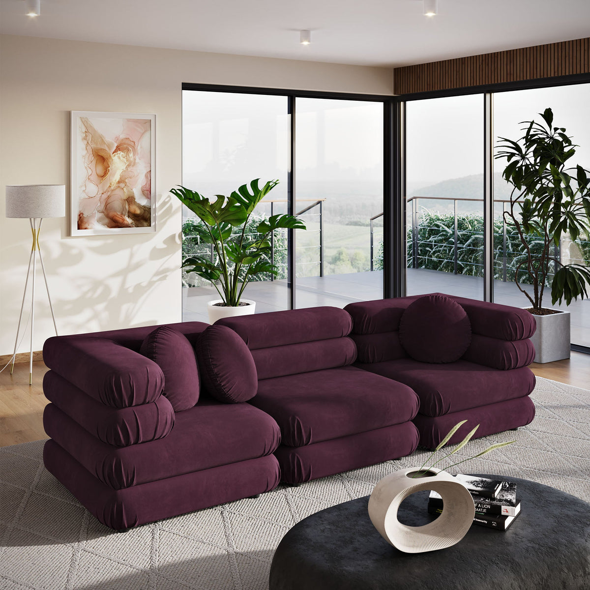 Jubilee 3-Piece Modular Velvet Sectional Sofa in deep plum with plush cushions by Modway on Tampa Home & Garden Store