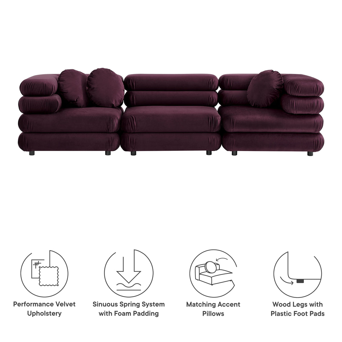 Jubilee 3-piece modular Performance Velvet sectional plum by Modway with bolster and metal legs on Tampa Home & Garden Store
