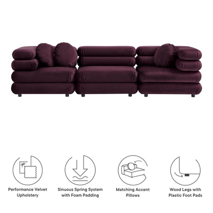 Jubilee 3-piece modular Performance Velvet sectional plum by Modway with bolster and metal legs on Tampa Home & Garden Store