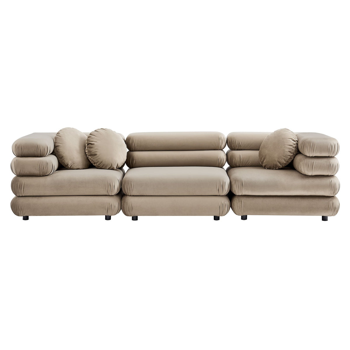Jubilee 3-Piece Modular Velvet Sectional Sofa in beige taupe with plush bolster pillows on Tampa Home & Garden Store