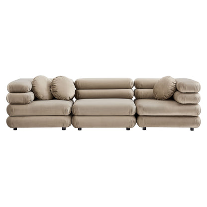 Jubilee 3-Piece Modular Velvet Sectional Sofa in beige taupe with plush bolster pillows on Tampa Home & Garden Store