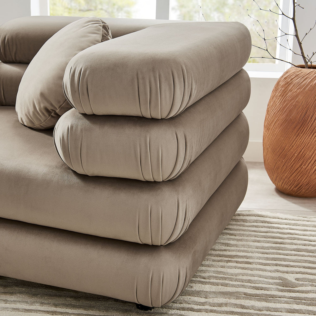 Jubilee 3-Piece Modular Velvet Sectional Sofa by Modway in taupe with rounded arms on Tampa Home & Garden Store