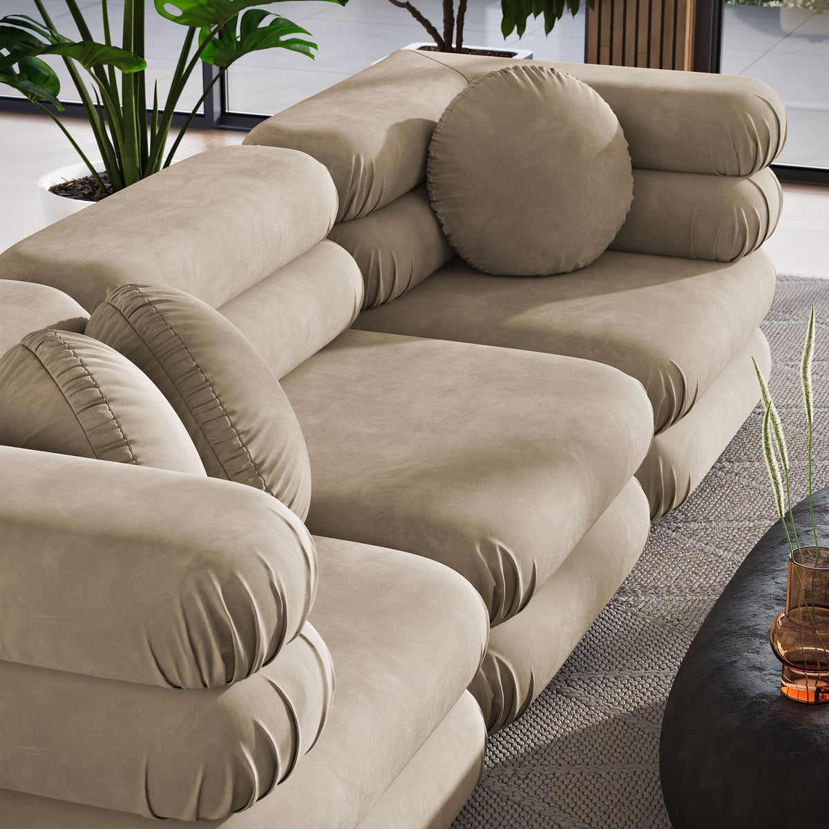 Jubilee 3-Piece Modular Performance Velvet Sectional Sofa beige with bolster cushions by Modway on Tampa Home & Garden Store