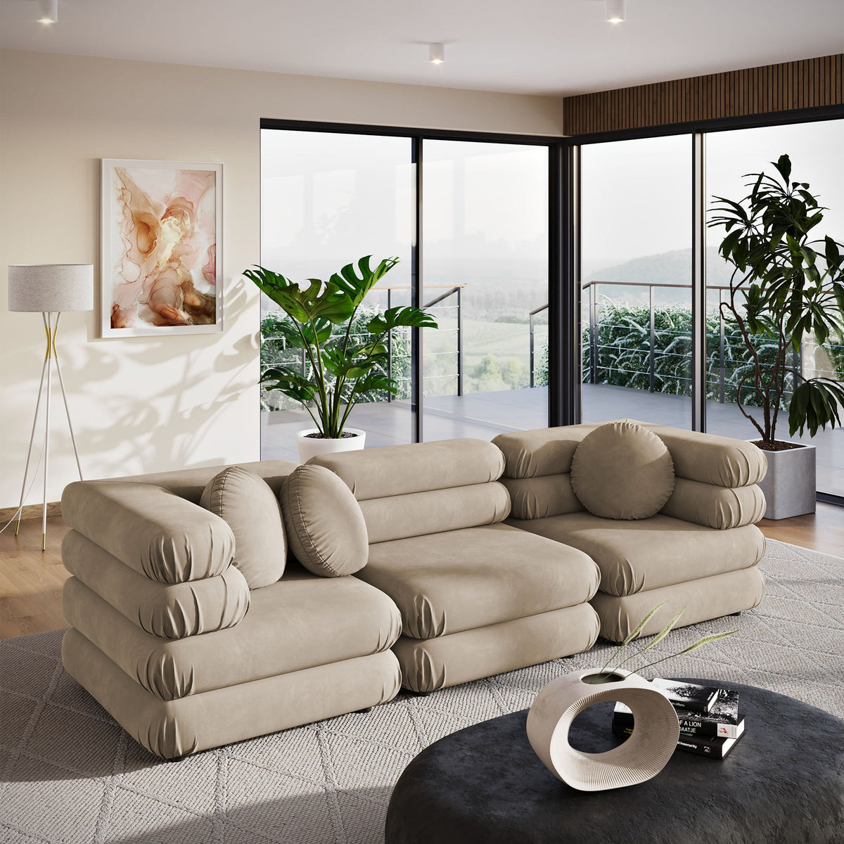 Jubilee 3-Piece Modular Velvet Sectional Sofa in beige with plush cushions on Tampa Home & Garden Store