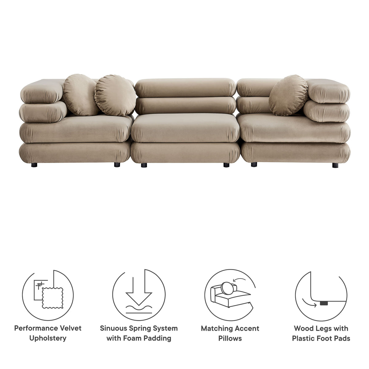 Jubilee 3-Piece Modular Velvet Sectional Sofa beige upholstery with bolster pillows HouseOfZazla on Tampa Home & Garden Store