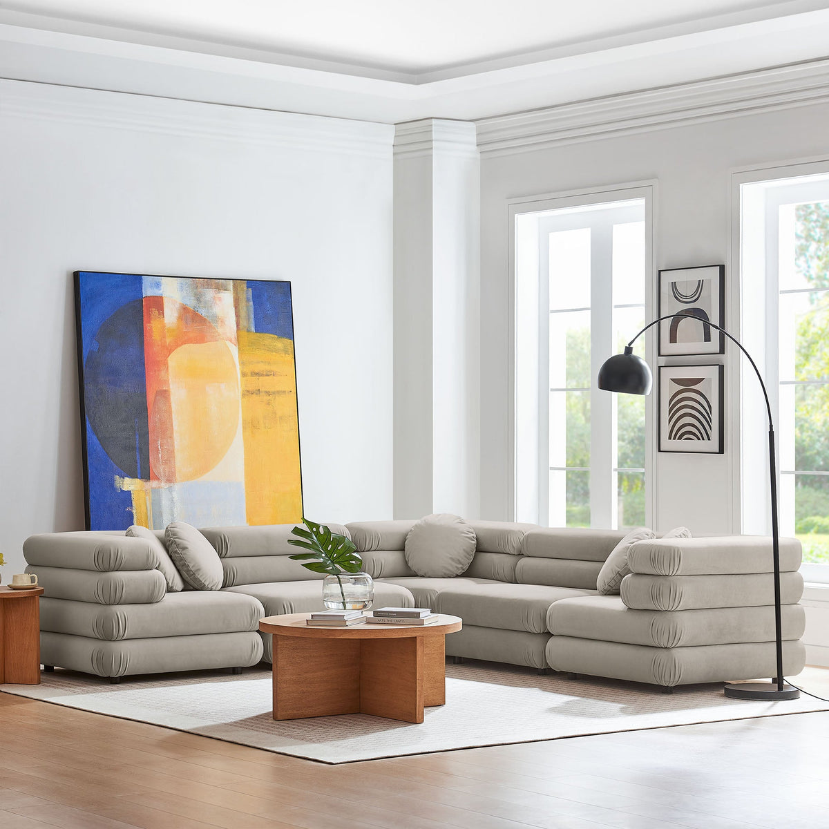 Jubilee 5-Piece Modular Velvet Sectional Sofa in light gray with cushions by Modway on Tampa Home & Garden Store