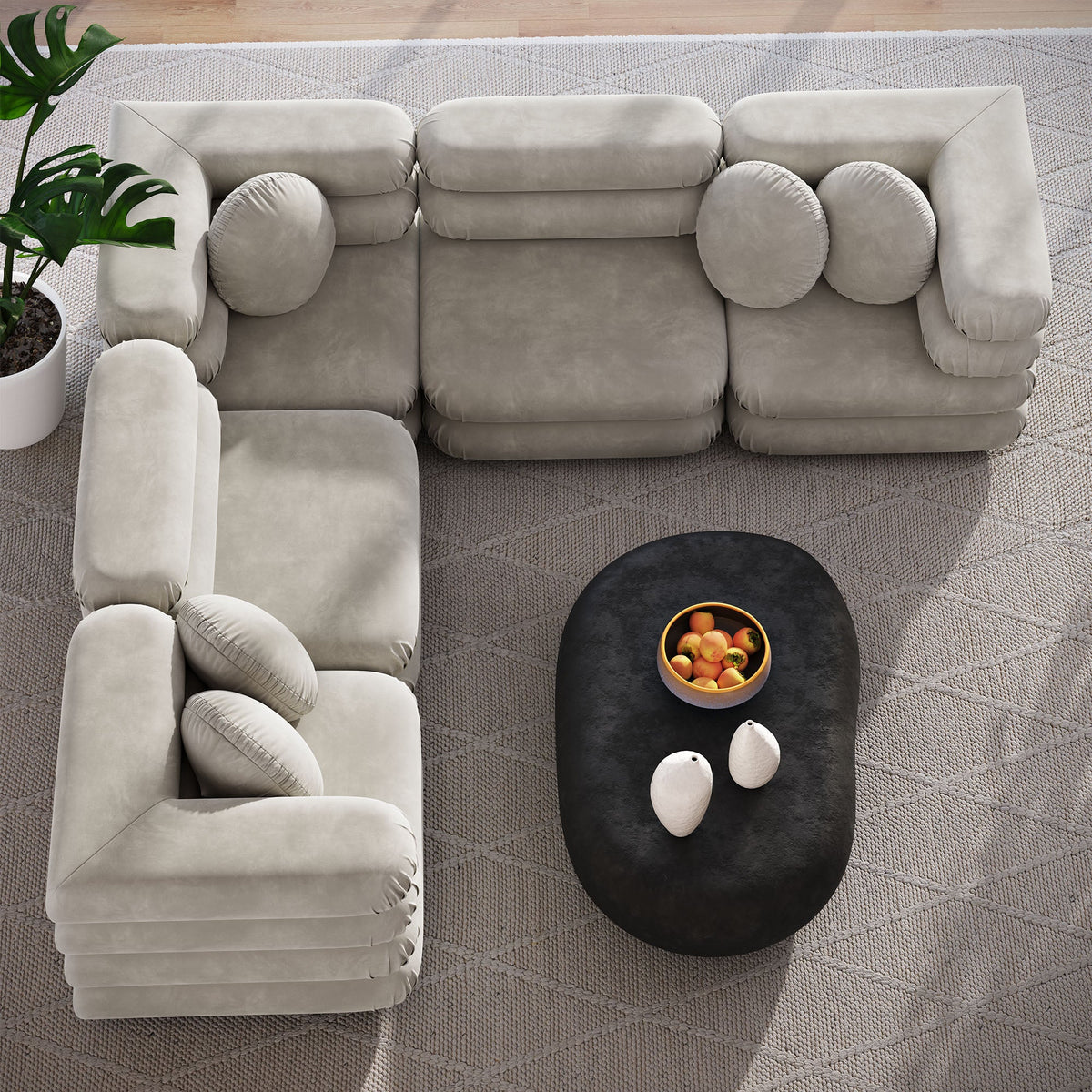 Jubilee 5-piece modular velvet sofa set in beige with round bolster pillows, Modway on Tampa Home & Garden Store