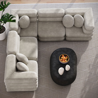 Jubilee 5-piece modular velvet sofa set in beige with round bolster pillows, Modway on Tampa Home & Garden Store