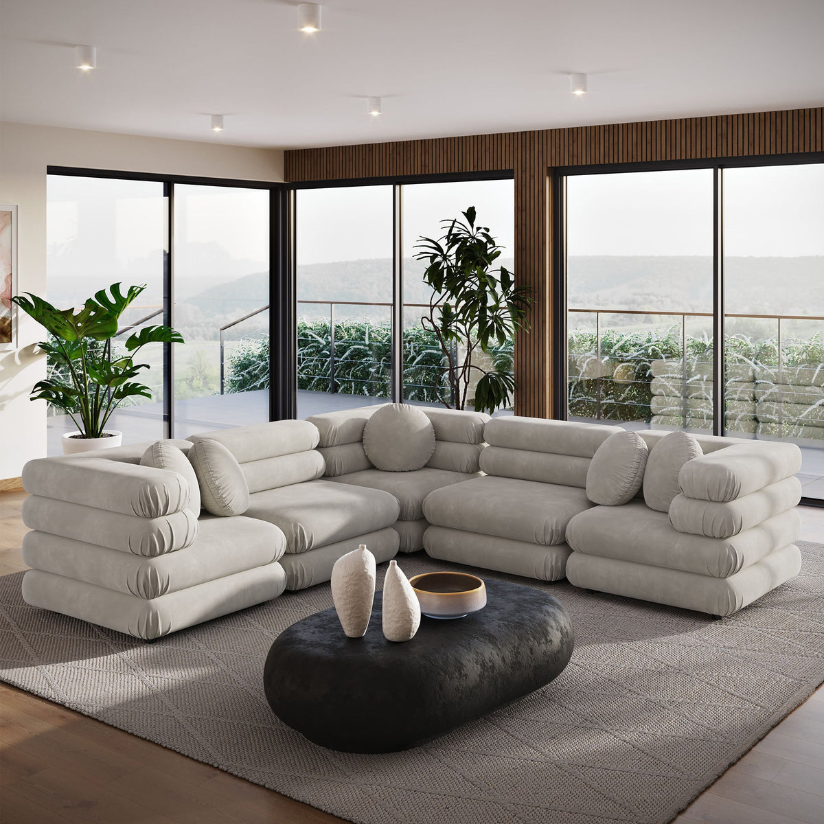Jubilee 5-piece modular velvet sectional sofa in light gray with plush rounded cushions on Tampa Home & Garden Store