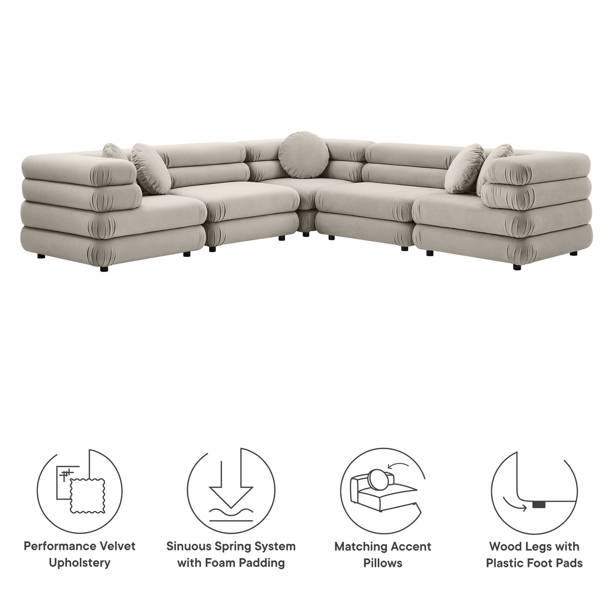 Jubilee 5-Piece modular performance velvet sectional sofa in light beige with plush cushions on Tampa Home & Garden Store