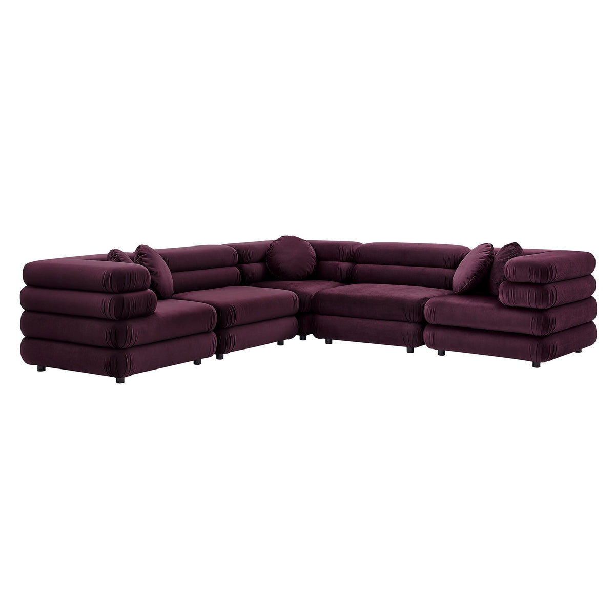 Jubilee 5-Piece Modular Performance Velvet Sectional Sofa in deep plum with round bolster cushions on Tampa Home & Garden Store