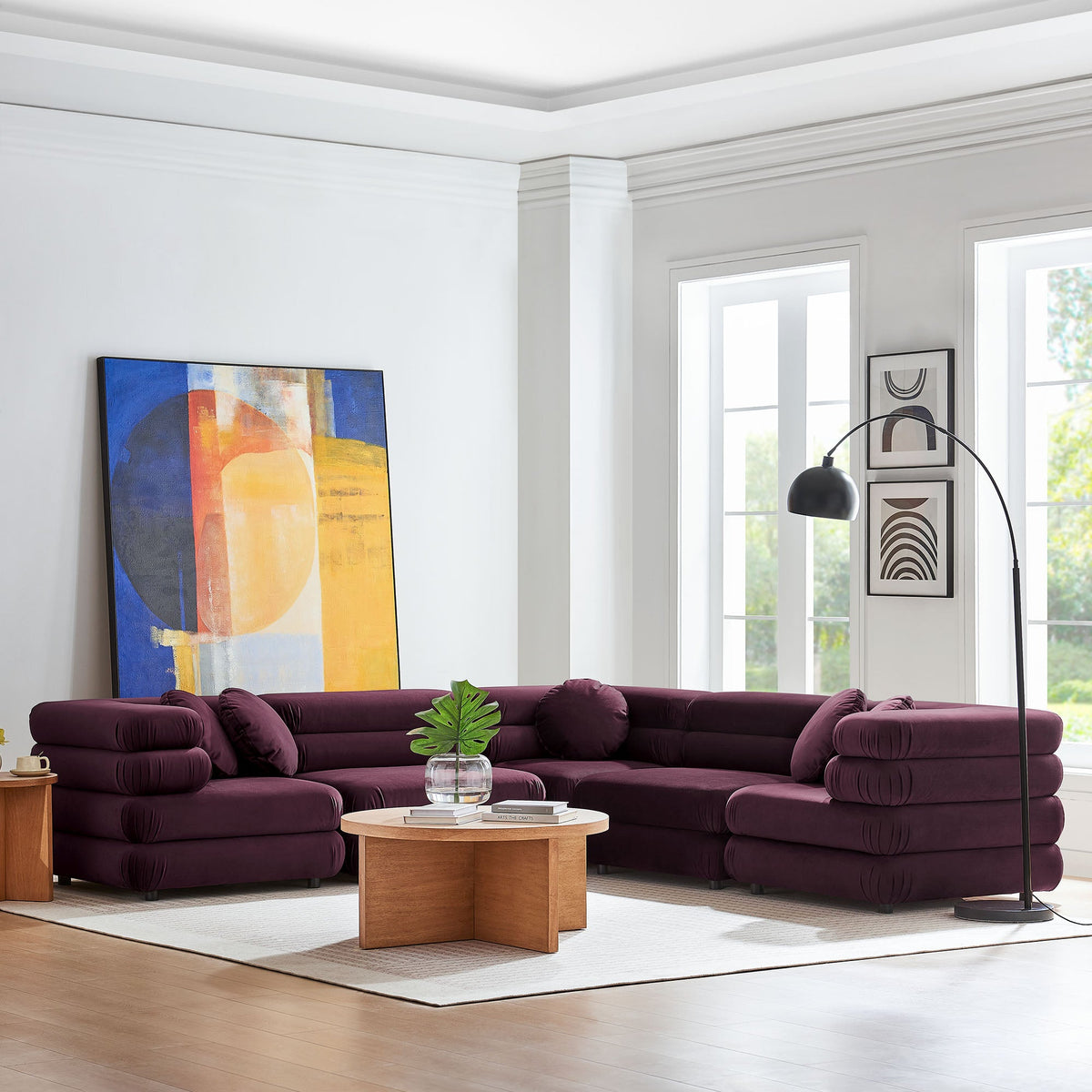 Jubilee 5-Piece Modular Performance Velvet Sectional Sofa in deep plum by HouseOfZazla on Tampa Home & Garden Store