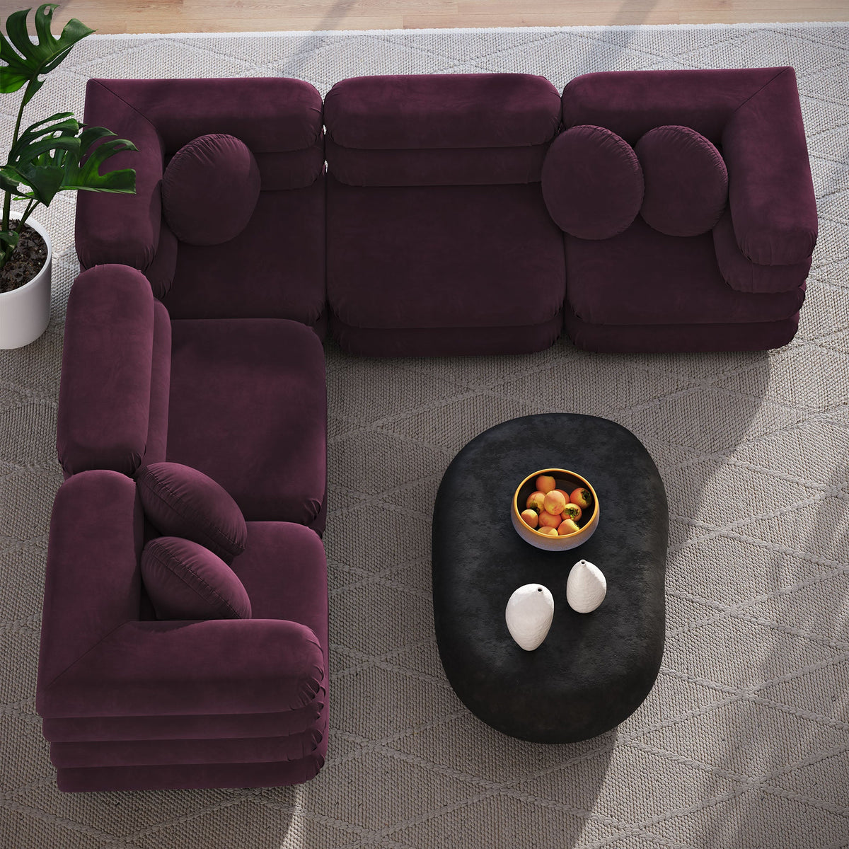 Jubilee 5-Piece Modular Performance Velvet Sectional Sofa in deep plum velvet by Modway on Tampa Home & Garden Store