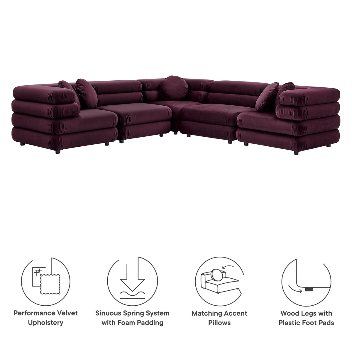 Jubilee 5pc Modular Performance Velvet Sectional Sofa HouseOfZazla burgundy velvet on Tampa Home & Garden Store