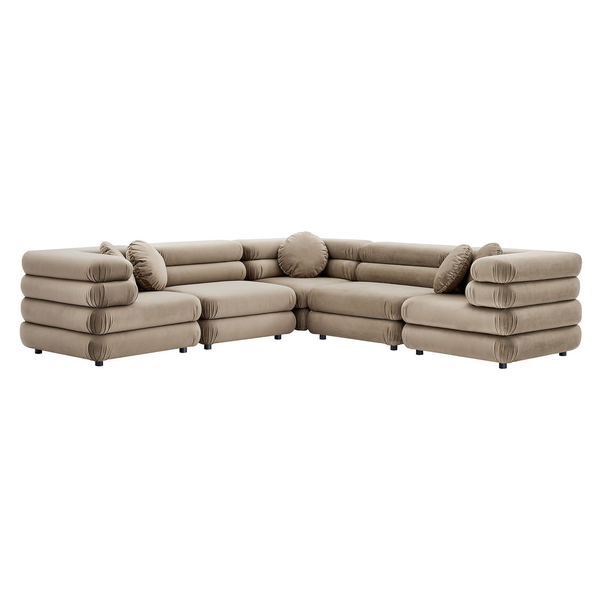 Jubilee 5-Piece Modular Performance Velvet Sectional Sofa in taupe with rounded bolster cushions on Tampa Home & Garden Store