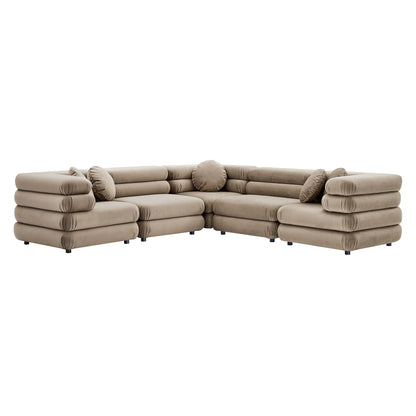 Jubilee 5-Piece Modular Performance Velvet Sectional Sofa in taupe with rounded bolster cushions on Tampa Home & Garden Store