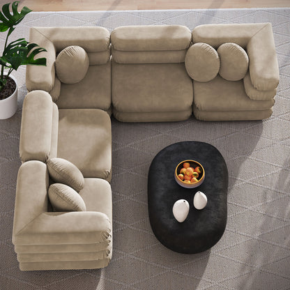 Jubilee 5-Piece Modular Performance Velvet Sectional Sofa in beige velvet with rounded bolster cushions on Tampa Home & Garden Store