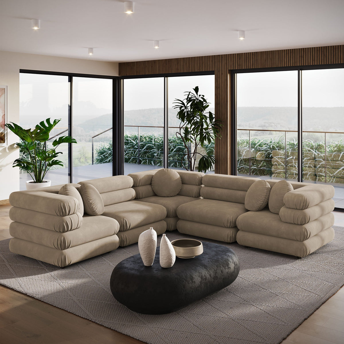 Jubilee 5-Piece Modular Velvet Sectional Sofa by HouseOfZazla beige on Tampa Home & Garden Store