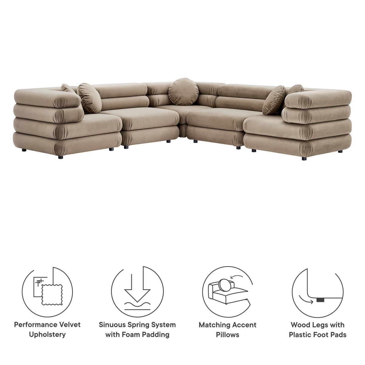 Jubilee 5-Piece Modular Velvet Sectional Sofa in tan beige velvet with rounded bolsters on Tampa Home & Garden Store