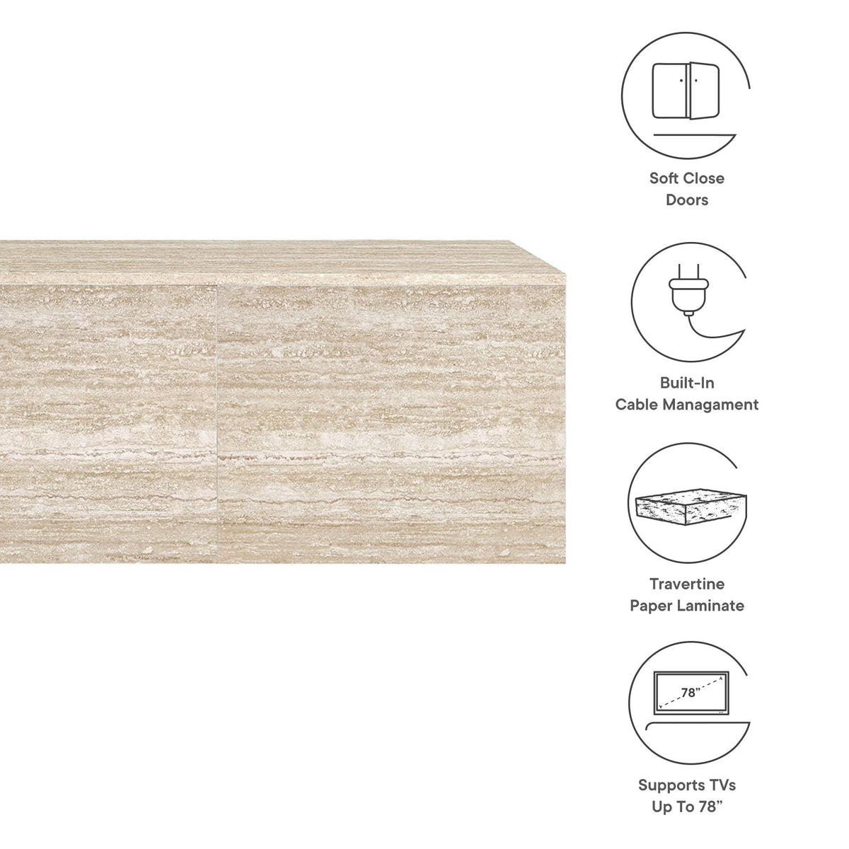 Terra 71in wall-mounted TV stand by Modway in travertine laminate; soft-close doors, cable mgmt on Tampa Home & Garden Store