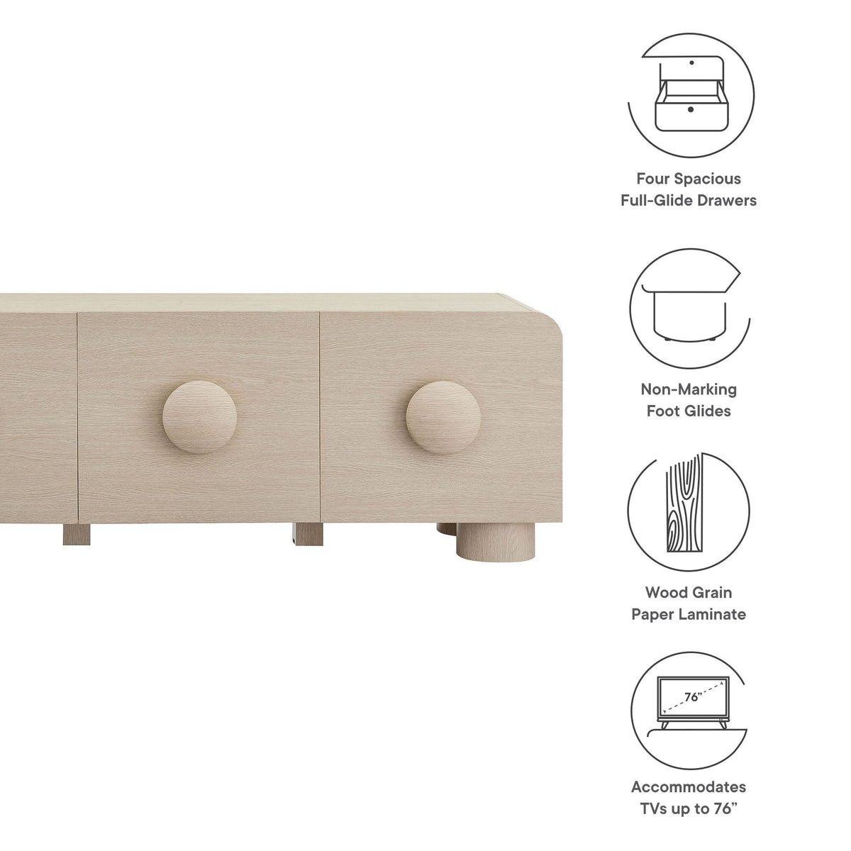 Sonnet 69in Low-Profile TV Stand with four full-glide drawers in light wood grain by Modway on Tampa Home & Garden Store