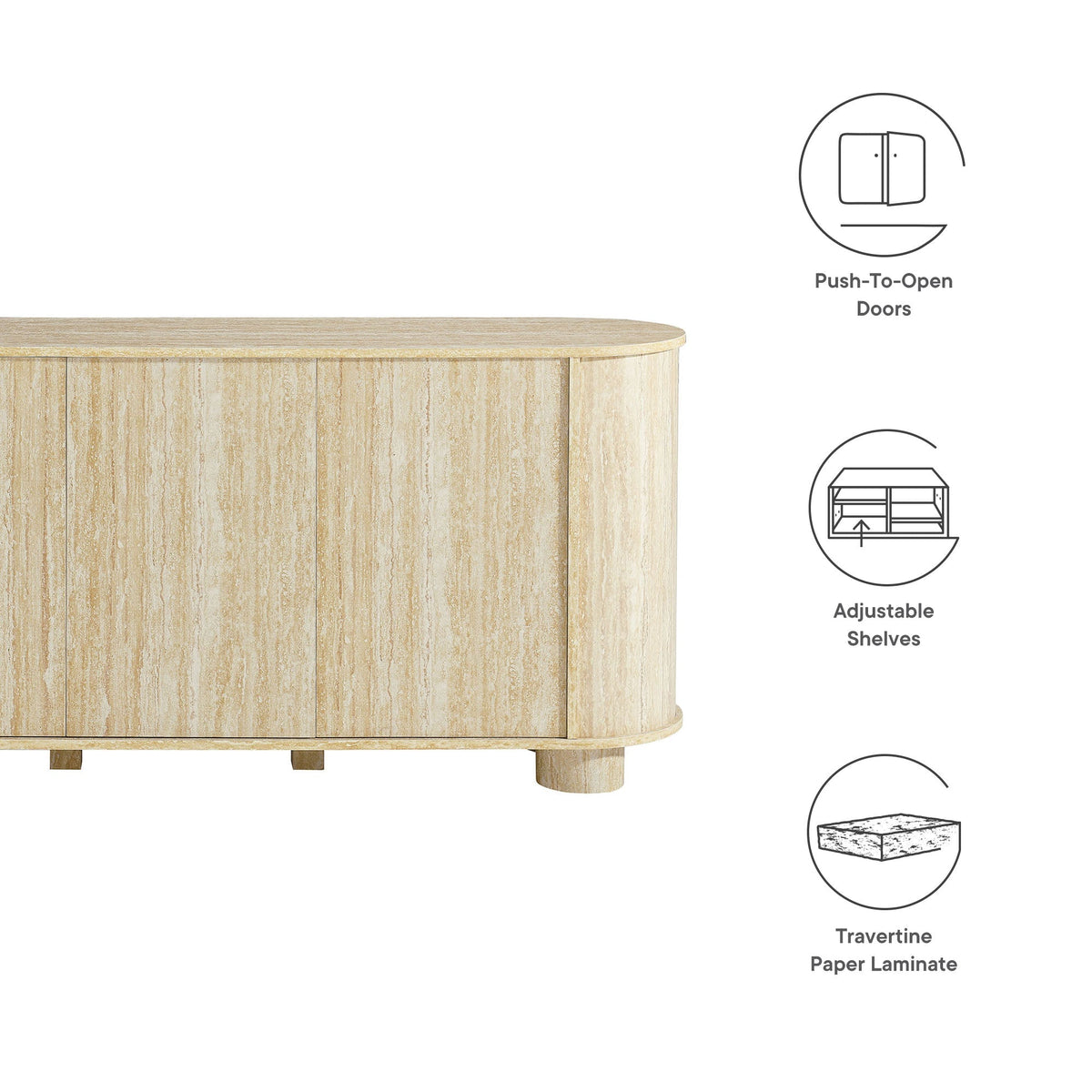 Overture 3-Door Oval Faux Travertine Sideboard, curved wood veneer buffet by Modway on Tampa Home & Garden Store